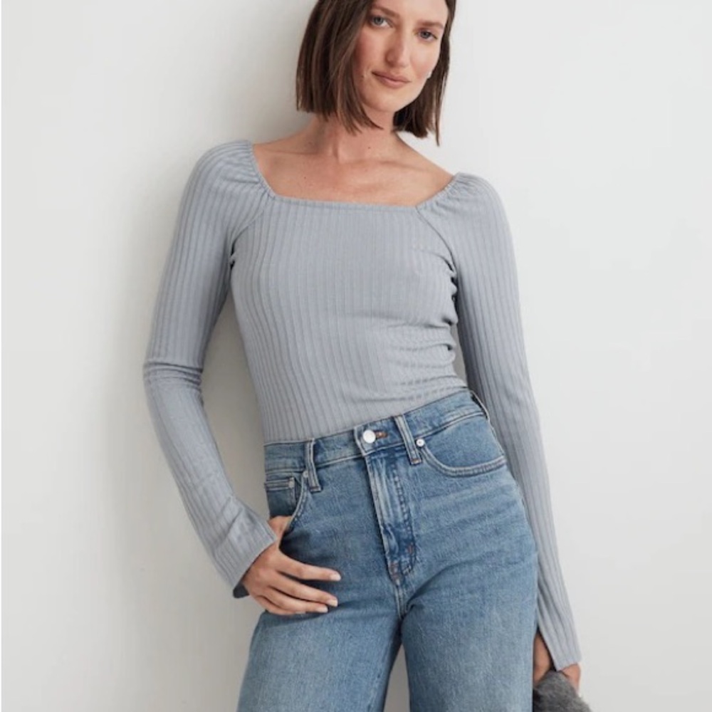 Madewell Ribbed Long-Sleeve Square Neck Top - Blue